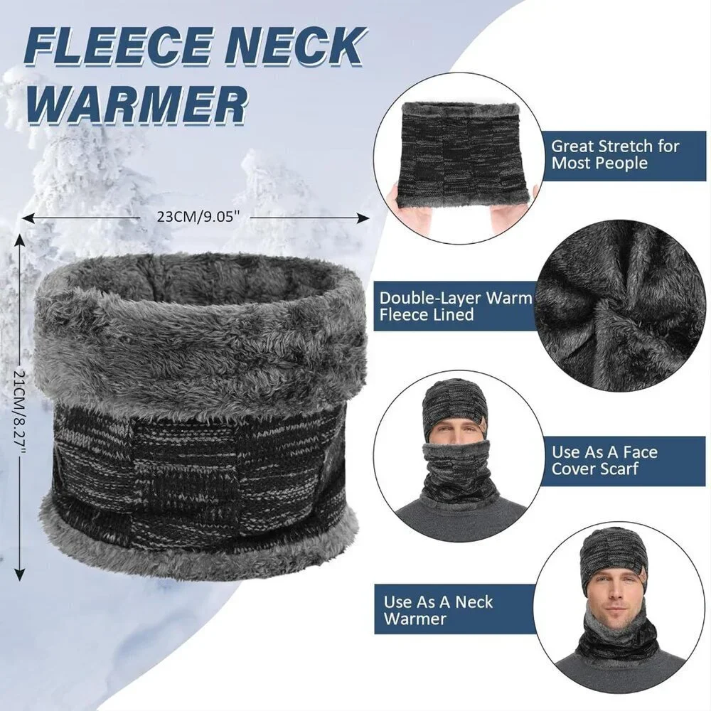 Men's Black Winter Warm Knit Skull Cap Neck Warmer Fleece Lined Hats Scarf Set